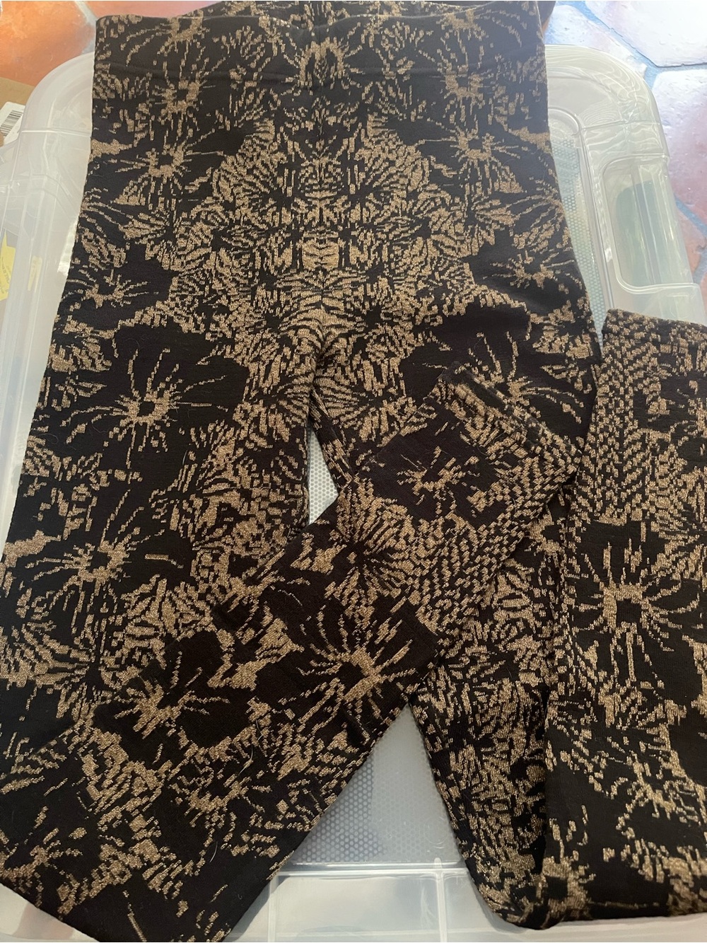 Free People Black and Gold Metallic Jacquard Knit Leggings Intricate Baroque
